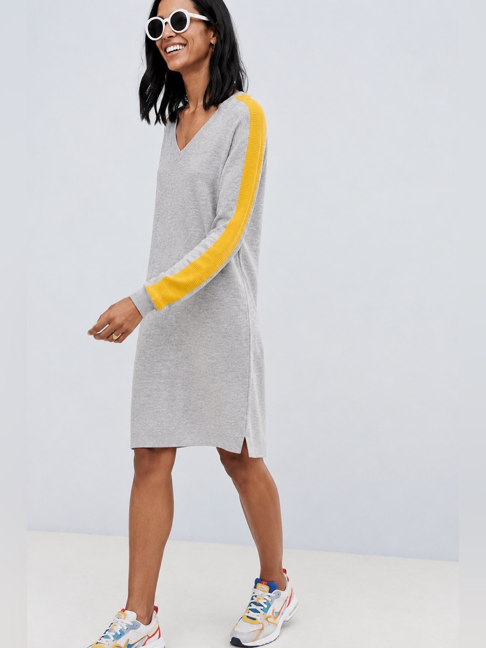 ASOS DESIGN Knitted Dress With V Neck & Tipping in Grey Marl & Yellow, size 8